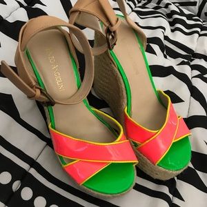 Neon and nude wedges
